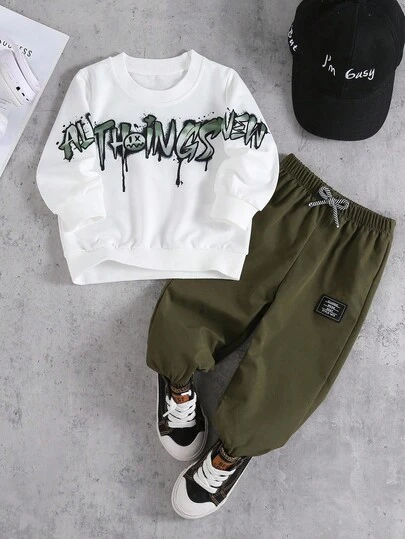 SHEIN 2pcs Baby Boy Set, Cozy Long Sleeve Knit Sweatshirt With Graffiti Print For Look, Relaxed Fit Elastic Waist Jogger Pants, Suitable For 0-3 Years Old, Ideal For Autumn Occasions Like Vacation And Everyday Wear Fall Winter