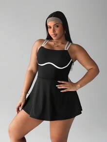 Rhythm Era Plus Size Women's Colorblock Shoulder Strap Adjustable Buckle Front Panel Contrast Trim Sleeveless Casual Dress With Detachable Shorts Pockets, Suitable For Daily Casual Wear, Running, Yoga, Gym, Tennis, Golf, Etc., Spring/Summer/Autumn - Black - View 4