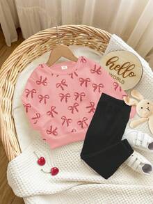 SHEIN 2 件套年轻女孩奶油粉色和黑色可爱迷你豹纹蝴蝶结图案圆领长袖运动衫和紧身裤，秋冬装，轻松舒适，秋季分层，时尚，休闲装，儿童图案服装，返校，秋季服装，返校节 - 彩色 - 查看 3