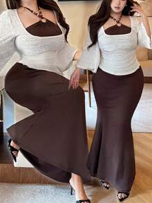 Flirla Plus Size Women Autumn/Winter Fitted Halter Waist Cinched Fishtail Dress And Loose Casual Round Neck Ruffle Mid-Sleeve T-Shirt Halloween Plus Size - Multicolor - View 1