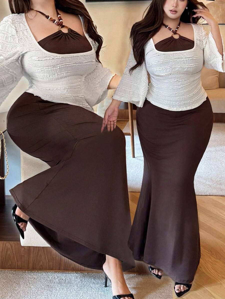 Flirla Plus Size Women Autumn/Winter Fitted Halter Waist Cinched Fishtail Dress And Loose Casual Round Neck Ruffle Mid-Sleeve T-Shirt Halloween Plus Size - Multicolor - View 1