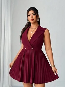 SHEIN Elenzya Plus Size Women's Elegant Refined Casual Business Blazer Collar Cinched Waist Sleeveless Pleated Mini Dress, Spring/Autumn - Burgundy - View 4