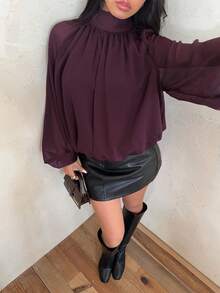 Aloruh 女士纯色立领插肩灯笼袖褶皱时尚衬衫，秋季返校季上衣，紫色长袖衬衫，浪漫约会之选 - 淡紫色 - 查看 11