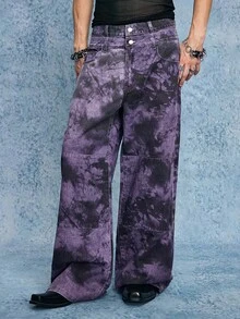 ROMWE MEN Grunge Punk Blugi bărbătești violet cu imprimeu tie-dye și buzunar, casual, la modă, cu picior larg - Violet - Vizualizare 5