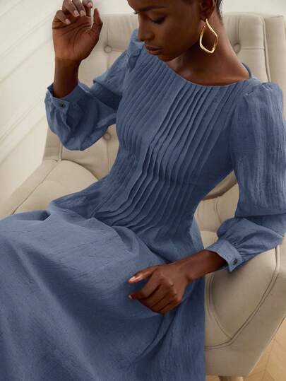 Aveloria Rosie New Romantic Vintage Tea Party Dress, Oversized Loose Flattering Design, Elegant Off Shoulder Ruched Sheer Linen-Look Puff Sleeve Solid Color Dress For Summer