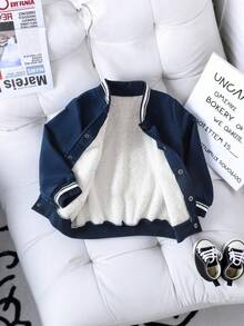 Genkimix Kids 小男孩编织人造毛皮刺绣棒球夹克，韩国时尚 - 寶藍色 - 查看 1