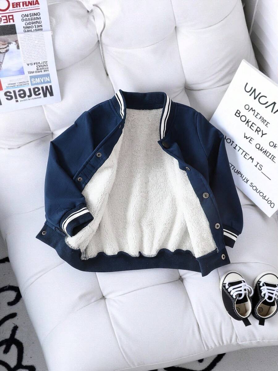 Genkimix Kids 小男孩编织人造毛皮刺绣棒球夹克，韩国时尚 - 寶藍色 - 查看 1