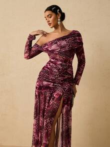 SHEIN VCAY Plus Size Romantic Party Cold-Shoulder Sexy Fitted Leopard & Floral Print Long Sleeve Maxi Dress