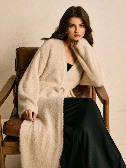 Poéselle Women's Solid Color Drop Shoulder Long Sleeve Belted Casual Long Cardigan, Cream Fuzzy Knit Belted Cardigan – Cozy Long Sleeve Sweater, Elegant Winter Layering, Holiday,Autumn/Winter