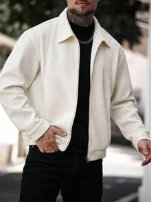 Manfinity CasualCool 男士纯色长袖拉链领口袋休闲夹克，秋冬男士拉链夹克，白色男士夹克，米色男士夹克，短款男士夹克，男士毛衣夹克 - 淡紫色 - 查看 7