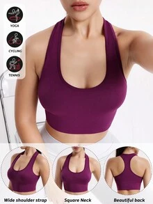 SHEIN Sports 纯色圆领露背夏季运动文胸，无缝运动内衣 - 中紫紅色 - 查看 2