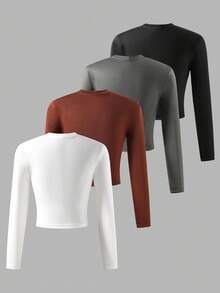 Conjunto de 4 piezas de camisetas de manga larga de cuello redondo de ajuste ceñido de color sólido clásico casual para niñas preadolescentes, adecuado para uso diario, escuela y ocio en primavera/otoño: estilo minimalista, de moda y deportivo, versátil para múltiples ocasiones