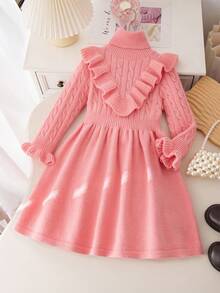 Sparklyn Young Girls Elegant High Neck Knitted Sweater Dress With Ruffle Hem And Twist Rope, Long Sleeve Casual Chic Cute Soft Simple Versatile Princess Dress, Suitable For Home, Daily Wear, School, Outing, Party, Autumn/Winter Fall - Pink - View 3