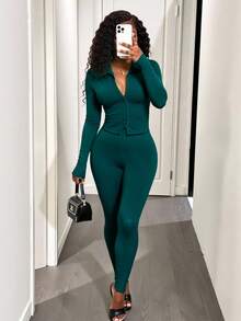 Chiquease Bộ áo thun dài tay cổ khóa kéo màu trơn và quần bó - Màu xanh ngọc - Xem 1