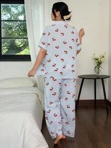 SHEIN 有领扣樱桃条纹印花短袖睡衣套装 - 藍色 - 查看 3
