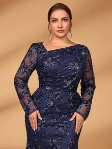 Serin Plus Size Navy Blue Winter Formal Elegant Evening Formal Wedding Guest Dress,Luxurious Asymmetrical Collar Sequin Floral Embroidered Fishtail Gown - Blue - View 5