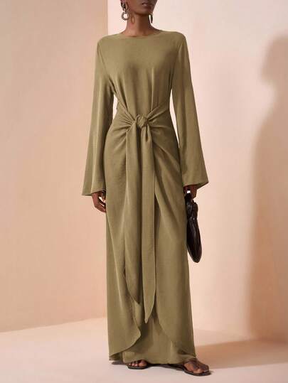 Zivah Summer And Early Autumn New Style, Suitable For Birthday Parties, Graduation Season, Daily Outings, Versatile, Casual Vacation, Cruise Travel, Beach And Seaside Bathing In The Sun, Popular Online Hit, Casual And Elegant, Commuting Party, Round Neck, Long Sleeves, Flared Cuffs, Waist Tie Design, Slim Super Long Dress, Brown Long Dress For Women -A