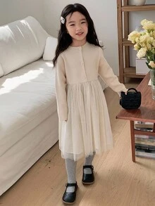 DAZY 女童毛衣撞色网眼连衣裙，秋季服装 - 杏色 - 查看 2