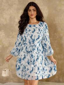 Flirla Plus Size Chiffon Printed Pleated Waist Decorative Dress, Spring/Autumn - Blue and White - View 4