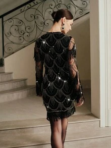 Anewsta 女士优雅高端万圣节圣诞节复古迷人黑色全亮片串珠波浪流苏长袖修身派对连衣裙 - 黑色 - 查看 2