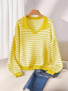 CosyJoli Plus Size Casual Polo Collar Striped Long Sleeve Pullover Sweater In Fall/Winter - Yellow - View 1