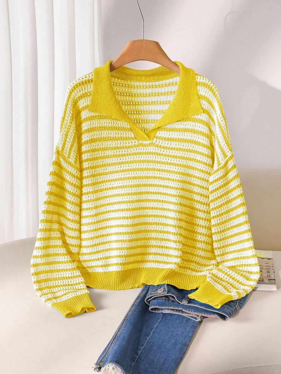 CosyJoli Plus Size Casual Polo Collar Striped Long Sleeve Pullover Sweater In Fall/Winter - Yellow - View 1