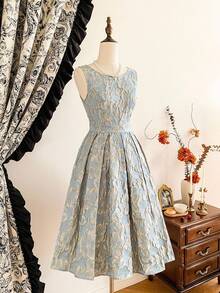 Vintamour 复古优雅女式花卉提花连衣裙节日派对优雅派对连衣裙女士长款派对连衣裙女士秋季服装女士冬季服装圣诞冬季连衣裙女士秋季服装女士万圣节服装女士圣诞服装圣诞派对连衣裙新年连衣裙女士感恩节服装优雅派对连衣裙 - 淡綠 - 查看 8