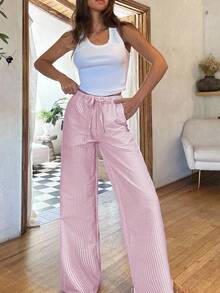 EURMUSE 女式条纹抽绳休闲亚麻裤 - 粉色 - 查看 3