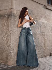 Selenza Quần Jeans Ống Rộng Cỡ Lớn Thêu Chữ Tiếng Anh Cho Nữ - Màu xanh bụi bặm - Xem 2