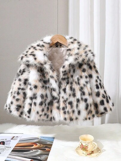 Elladie kids Young Girl Faux Fur Leopard Print Lapel Long Sleeve Loose Coat Fall Winter