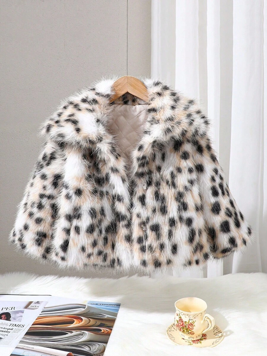 Elladie kids Young Girl Faux Fur Leopard Print Lapel Long Sleeve Loose Coat Fall Winter - Beige - View 1