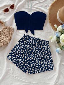 Soleia 2pcs Set Women Casual Minimalist Navy Blue Floral Pattern Outfit, Suitable For Summer Daisy Print Two Pieces Set Vacation Outfits Woman 2 Pieces - Navy Blue - View 6