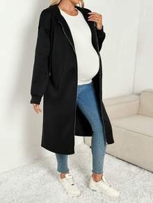 SHEIN Maternity Solid Color Long Sleeve Zip Up Hooded Jacket,Casual Autumn Pregnant Clothes For Women,Office Fall Winter Drop Shoulder Drawstring Coat - Apricot - View 6