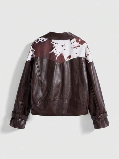 Hippie Y2K Retro Animal Print Faux Fur Patchwork Women Leather Jacket