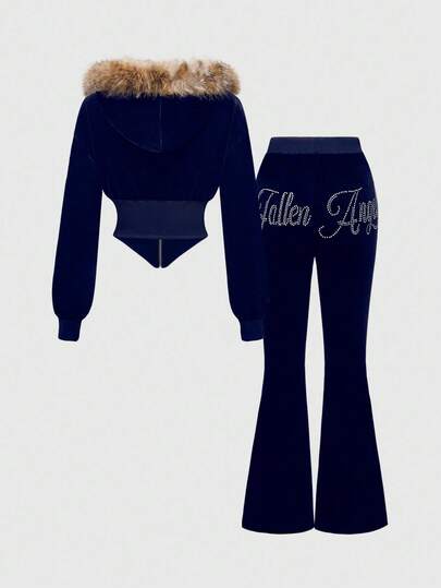 J-Fashion 2 pièces Ensemble Top à capuche et pantalon en velours patchwork avec strass pour femmes, style Y2K
