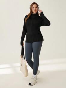 Auralis Athleisure Plus Size Women Reflective Polka Dot Print Long Sleeve Zipper Winter Jacket With Thumb Holes, Tracksuit, Jersey Shirt, Women's Sportswear For Fall/Winter - Black - View 4