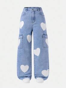 SUMWON 心形图案阔腿高腰工装牛仔裤 Y2K 可爱下装松紧腰牛仔裤街头服饰节日时尚夏春系列 - 中等水洗藍 - 查看 1