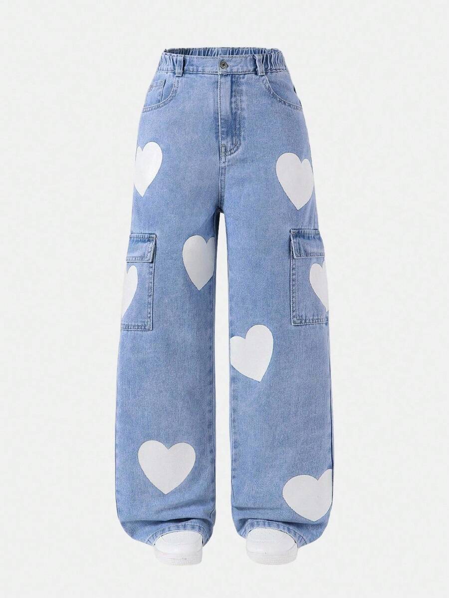 SUMWON 心形图案阔腿高腰工装牛仔裤 Y2K 可爱下装松紧腰牛仔裤街头服饰节日时尚夏春系列 - 中等水洗藍 - 查看 1