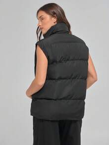 Menodora SHEIN Sport Áo vest không tay có khóa kéo cổ cao màu trơn đơn giản dành cho nữ, đi làm hàng ngày, mùa thu/đông - màu đen - Xem 3