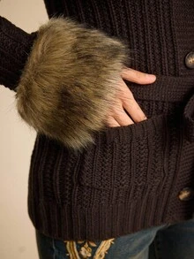 ROMWE EDITION Women's Autumn/Winter Fur Collar Long Sleeve Single-Breasted Fitted Fashionable Knitted Cardigan - Brown - View 9