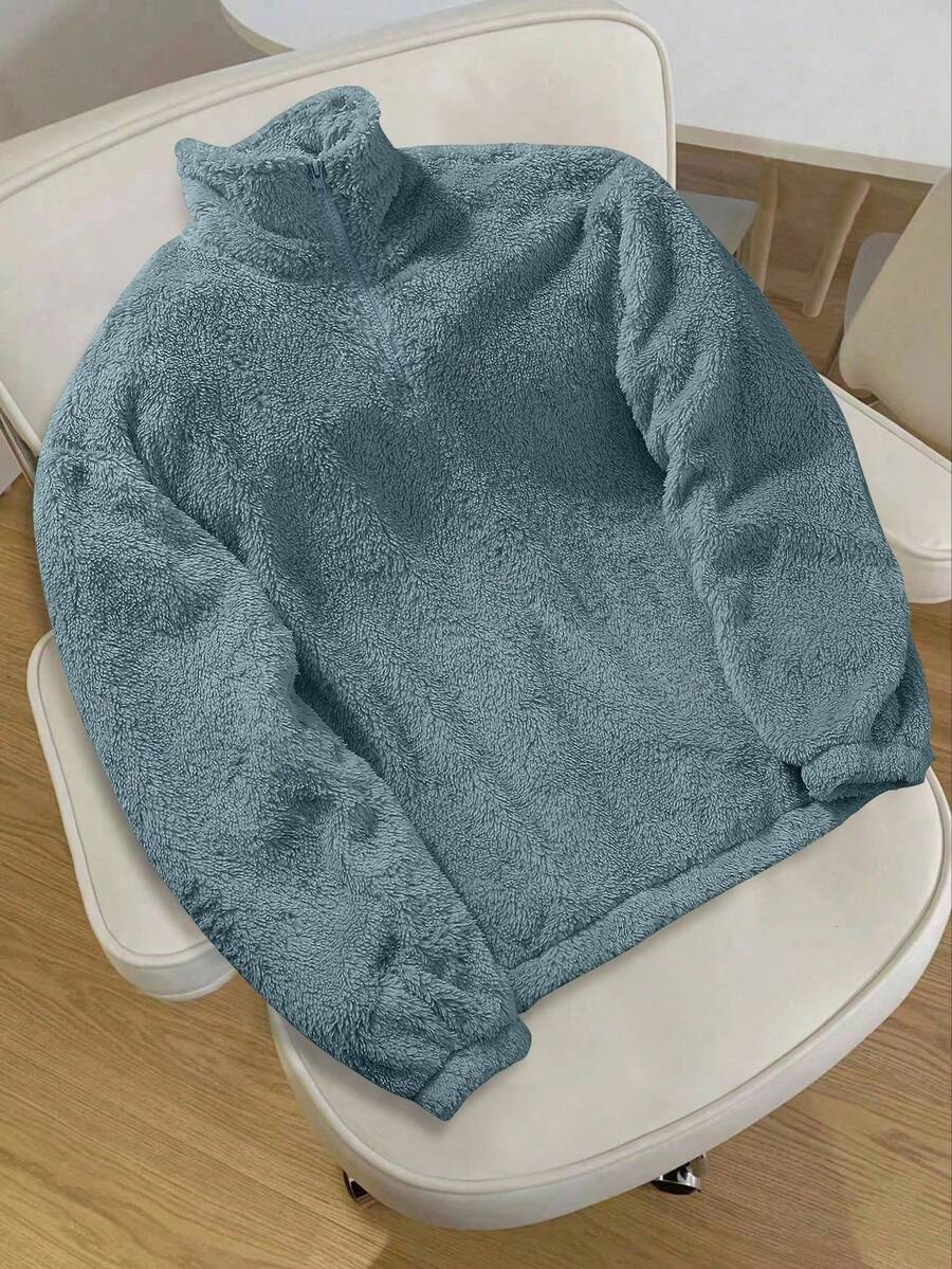 Claim Dot 男士抓绒四分之一拉链套头卫衣，街头风，送给男友的理想礼物，适合年轻人的休闲运动街头服饰，日常通勤、返校、度假皆宜，情侣款高领衫，秋冬季必备 - 霧霾藍 - 查看 1