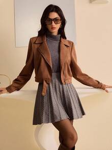 Bluhae Áo khoác nữ tay ngắn chất liệu da lộn, dáng ôm, có túi, cài khóa kéo, dáng suông, thoải mái, thanh lịch, đi làm hàng ngày, dự tiệc, dạo phố, thu đông - Màu Khaki - Xem 4