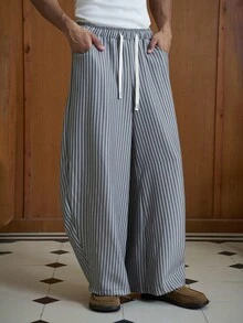 TOKVUE 男士休闲通勤条纹宽松阔腿裤，秋季 - 卡其色 - 查看 5