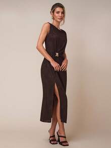 COSMINA Women's Elegant Metal Decor Sleeveless Split Dress, Summer - Brown - View 4
