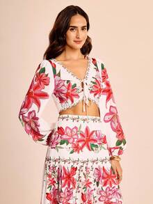 CAJUNI Women's Vacation Colorful Floral V-Neck Front Drawstring Long Sleeve Cropped Print Shirt Blouse - Multicolor - View 4