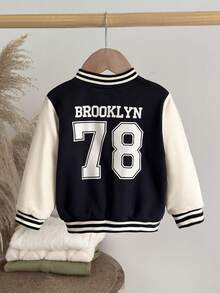 SHEIN 男婴功能性工装棒球夹克，时尚数字和字母贴片，百搭，秋冬 - 彩色 - 查看 3