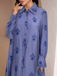 Veilorie 女式花卉印花长袖单排扣休闲长款阿巴雅连衣裙 - 藍色 - 查看 6