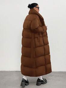 RueChic 女式羽绒领细腰超大长款加厚保暖时尚棉服冬季外套 - 巧克力棕 - 查看 2