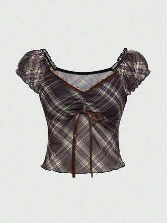 J-Fashion Maglietta casual vintage carina e dolce con stampa a quadri e bordo in pizzo, taglie comode