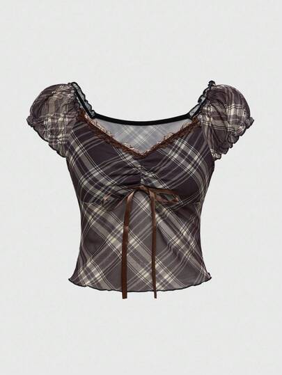 J-Fashion Plus Size Vintage Cute Sweet Casual Plaid Lace Trim T-Shirt